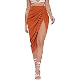 WDIRARA Women's Skirts Split Thigh Front Satin Skirt High Waist Ruched Zip Back WrapMidi Skirt