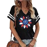 American Flag Shirts Women 4th of July V-Neck Short Sleeve Patriotic T-Shirt Memorial Day Graphic Tee Independence Day Tops