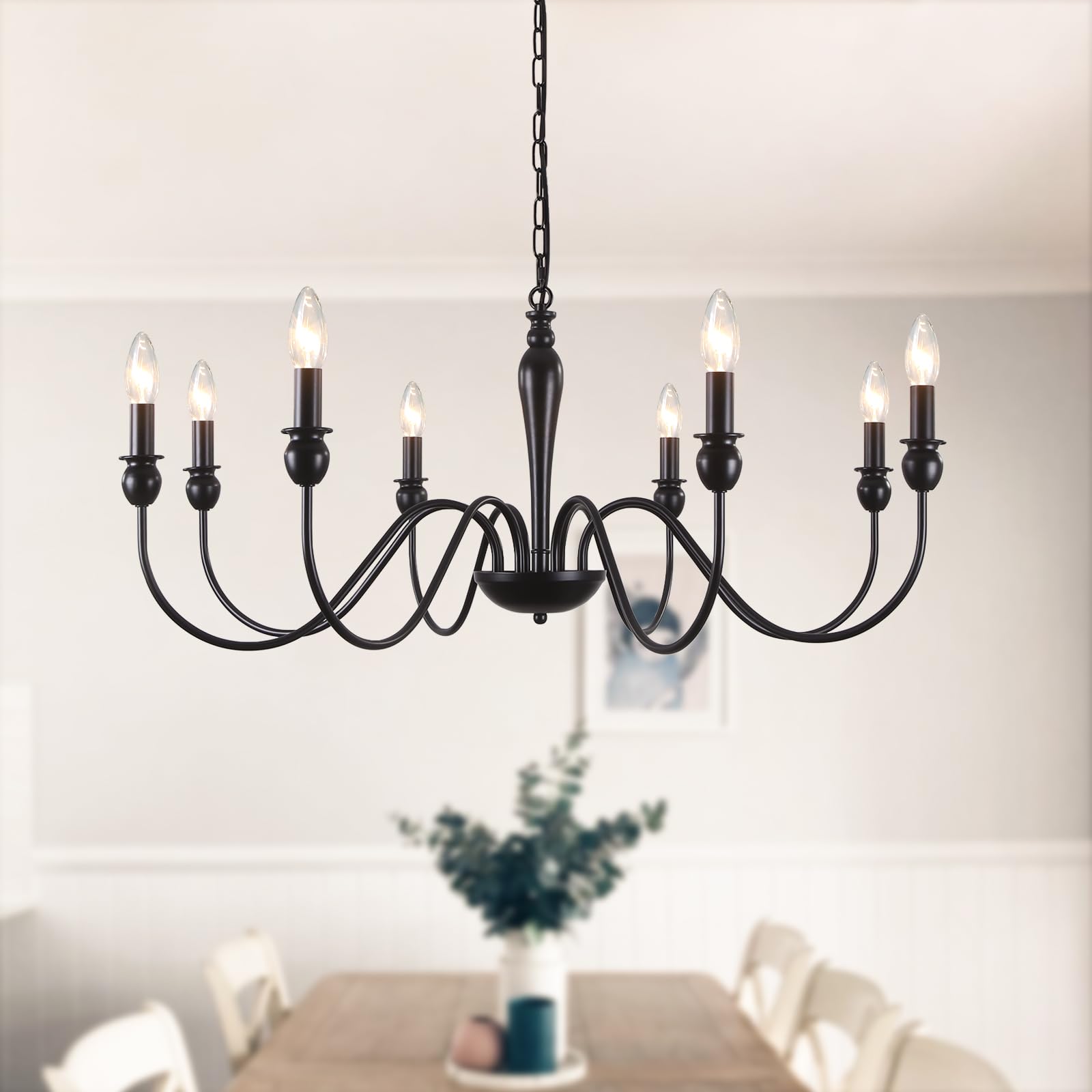 ASHUAQI Black Chandelier, 8-Light Farmhouse Chandeliers Ceiling Light, E14 Socket Pendant Light Fitting Industrial Black Ceiling Lights for Living Room, Kitchen, Hallway, Dining Room, Bedroom — image 1