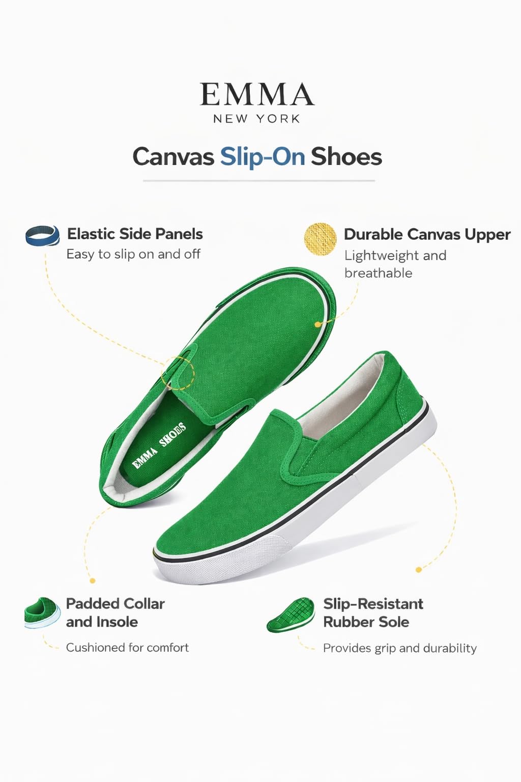 Emma Shoes Low-Top Slip Ons Women's Fashion Sneakers Casual Canvas Sneakers for Women Comfortable Flats Breathable Padded Insole Slip on Sneakers Women Low Slip on Shoes, Emerald Green, 9
