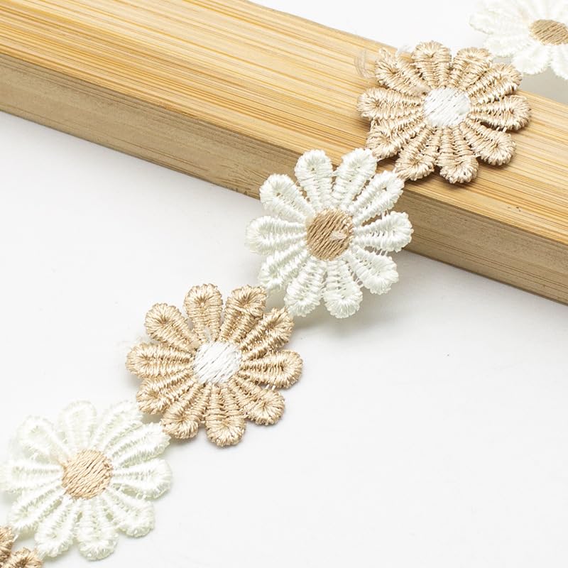 XCSJ 5 Orchards 2.5 cm Applique Sewing Edges Flower Embroidery Lace Ribbon Lace Fabric Daisy Polyester Flower Ribbon Appliques for Hair Band, Clothes (Apricot)