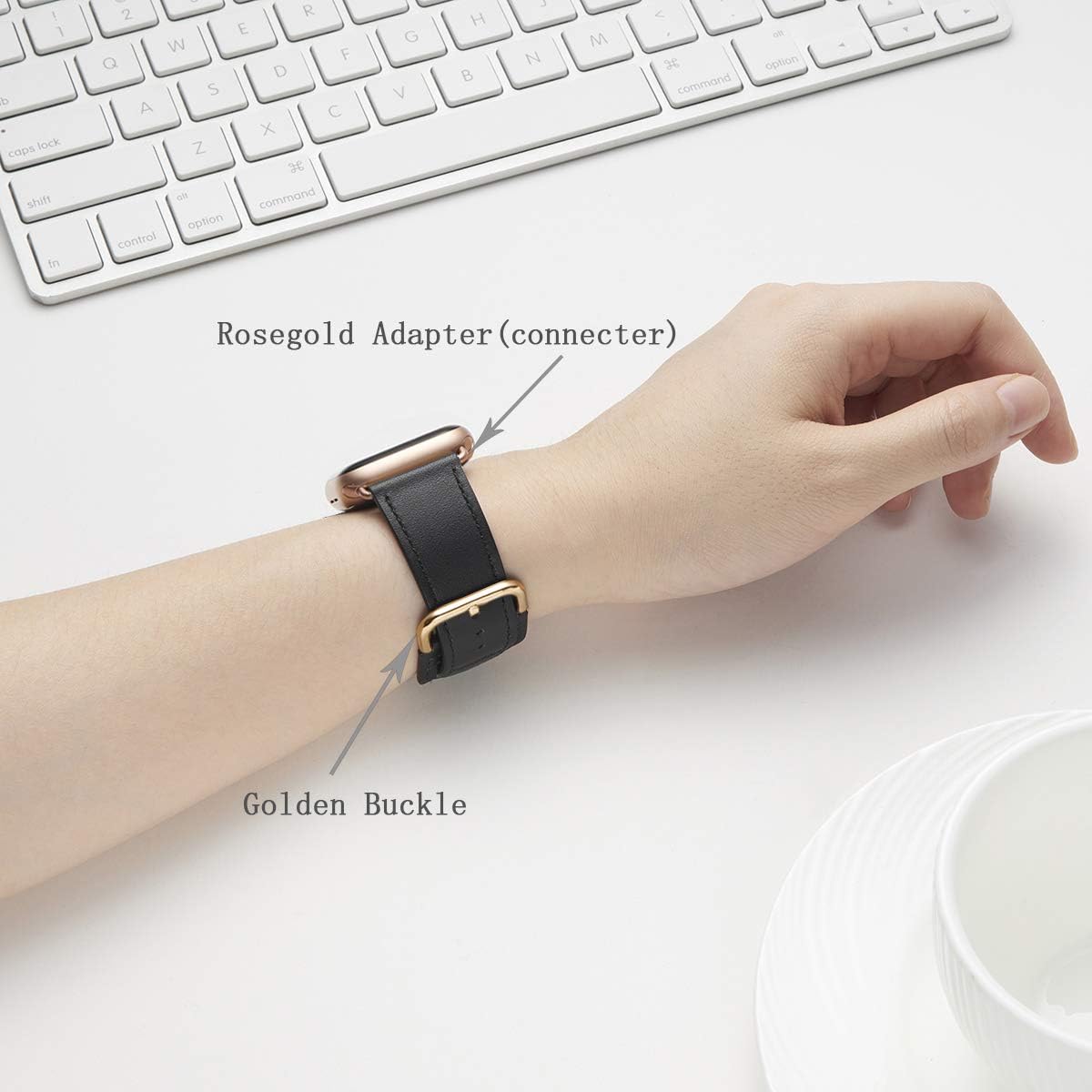POWER PRIMACY Bands Compatible with Apple Watch Band 38mm 40mm 42mm 44mm, Top Grain Leather Smart Watch Strap Compatible for Men Women iWatch Series 6 5 4 3 2 1,SE (Black/Rosegold, 38mm/40mm)