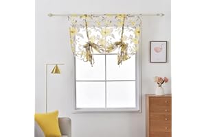 SMITHOOM 1 Piece Sheer Roman Curtain Rod Pocket Camellia Flower Print Tie Up Voile Ballon Shade for Kitchen Bathroom Living Room Door Window Decoration, Yellow, 24x47inch