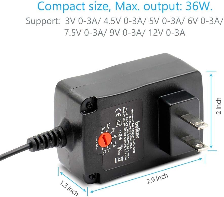 Belker 36W Universal 3V 4.5V 5V 6V 7.5V 9V 12V AC DC Adapter Power Supply for LCD LED Light Strip Router HUB Speaker Smart Phone Tablet Kindle and Echo Dot TV Box 1A 1.5A 2A 2.5A 3A 3000mA Amp Max.: Home Audio & Theater