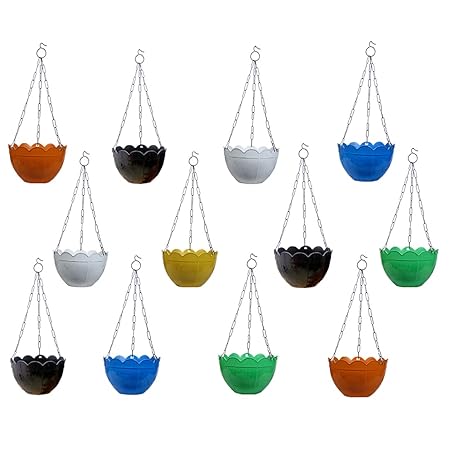 TechHark Plastic Planter Pot with Chain, Red, Off-White, Green, Yellow, Purple, Orange, Standard, Pack of 12