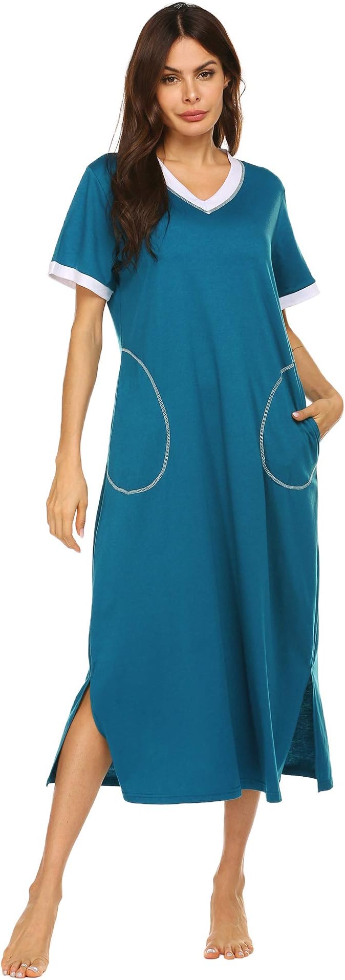 Women Sleepwear Nightshirt Short Sleeve Nightgown Full Length Sleep Dress