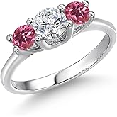 Gem Stone King 14K White Gold White Lab Grown Diamond & Pink Tourmaline 3-Stone Engagement Ring | 1.00 Cttw | Round 5MM and 4MM | 3 Stone Wedding Anniversary Promise Ring For Women