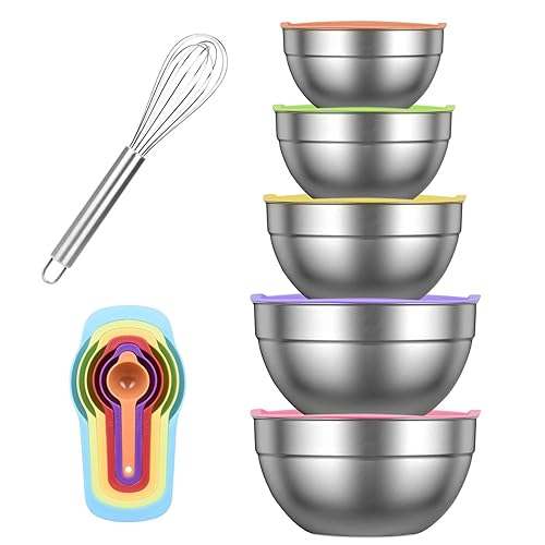 Mixing Bowl Set, Dveda 5 Pcs Stainless Steel Nesting Mixing Bowls Set, Salad Bowl with Lids for Kitchen Cooking Baking Supplies, Including 6 Pcs Measuring Spoons, 1 Pc Egg Whisk