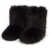 QMFUR Women's Furry Faux Fur Boots Fuzzy Fluffy Mid Calf Snow Boots Suede Warm Fur Lined Booties Flat Fashion Boots