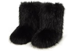 QMFUR Women's Furry Faux Fur Boots Fuzzy Fluffy Mid Calf Snow Boots Suede Warm Fur Lined Booties Flat Fashion Boots