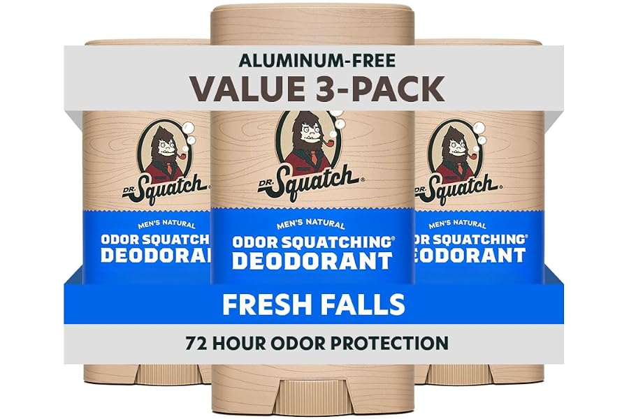 Dr. Squatch Natural Men’s Deodorant – Aluminum Free Natural Deodorant Men with Charcoal & Postbiotics for 72-Hour Odor Protection – Fresh Falls, 2.65oz Stick (3-Pack)