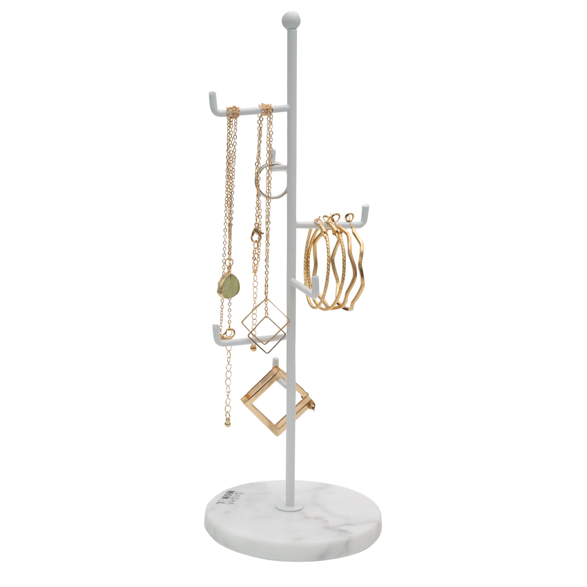 Sasha Morel 6 Tier Metal Jewellery Stand | Hanging Jewellery Organiser with Marble Base | Necklace Display Stand Room Decor for Earrings, Rings Organiser Storage & Gifts for Women (White)