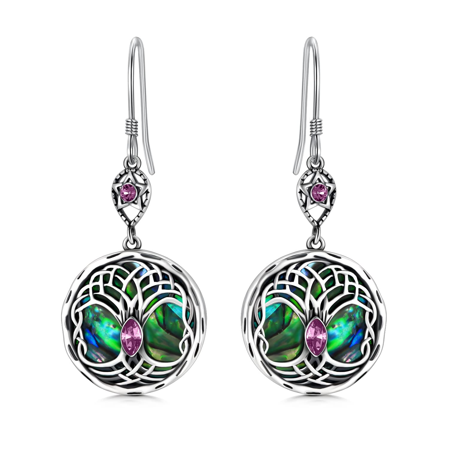 Celtic Tree of Life Earrings Sterling Silver Family Tree Dangle Drop Earrings with Birthstone Crystals, Birthday Jewellery Gifts for Women Her (Simulated Amethyst)
