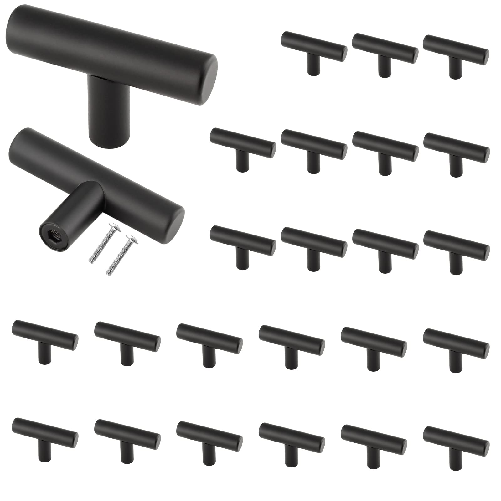 Cjueiom 25 Pack Matt Black Cupboard Knobs - 50mm Length T Bar Handles, Stainless Steel Drawer Pull Handles for Kitchen Cabinet, Wardrobe Door, Bedroom Closet
