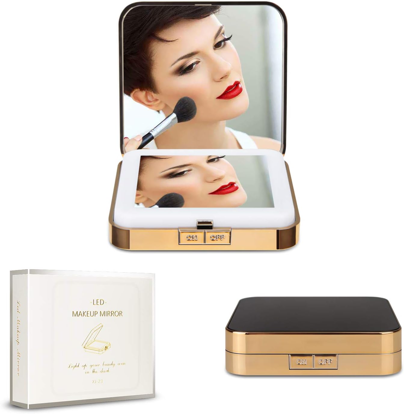 LaFanDe Travel Makeup Mirror Handheld with Lights & 5X Magnification Foldable Cosmetic Mirror 2-Sided Rechargeable for Pocket Handbag Purse (2.87in2.87in, Gold & Black)