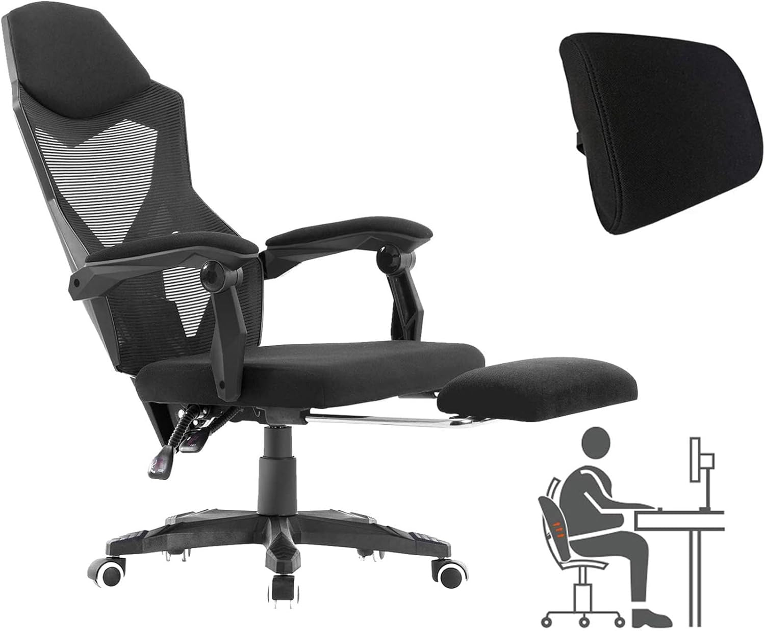 HOMEFUN Ergonomic Office Chair, High Back Executive Desk Chair with Footrest Adjustable Comfortable Task Chair with Armrests and Lumbar Support Black: Kitchen & Dining