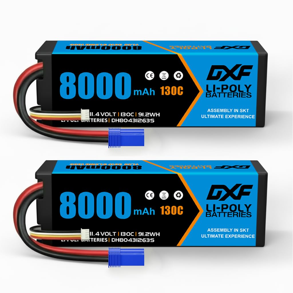 DXF 11.4V 8000mAh 3S LiPo Battery 130C 2Pack EC5 Plug Hard Case Rechargeable Power Pack for RC Car Truck Buggy Truggy Monster Crawler Racing Vehicle Helicopter Airplane 1/8 1/10 Scale Hobby Grade