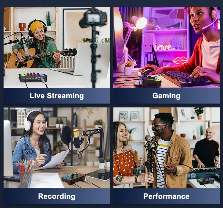 4-Channel XLR Audio Mixer with 48V Power - 6 Voice Effects, RGB Lighting, Mute, Individual Volume Control for Windows/macOS/Linux/DJ/Podcast/Streaming/Gaming
