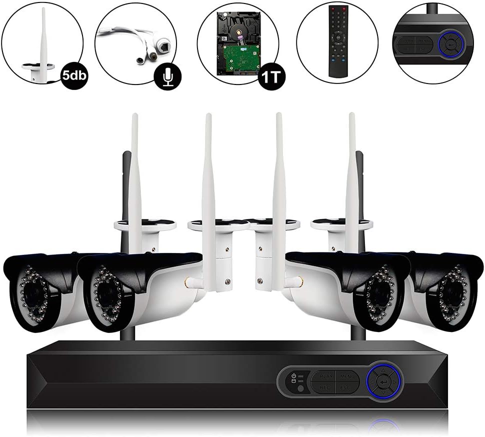 CAMVIEW 4CH 720P Wireless Security CCTV Surveillance System WiFi NVR Kits, 4CH 1.0MP Wireless WiFi Indoor/Outdoor IP Cameras, Audio Plug, P2P, 65FT Night Vision, 1TB HDD Pre-Installed