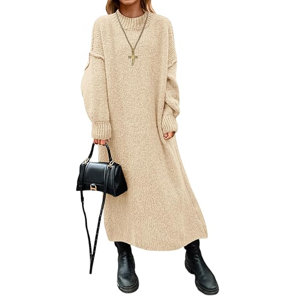Autumn Winter Loose Long Sweater Dress Women Split Side Long Oversize Maxi Sweater  Dress Female Basic Dress Beige at Amazon Women's Clothing store