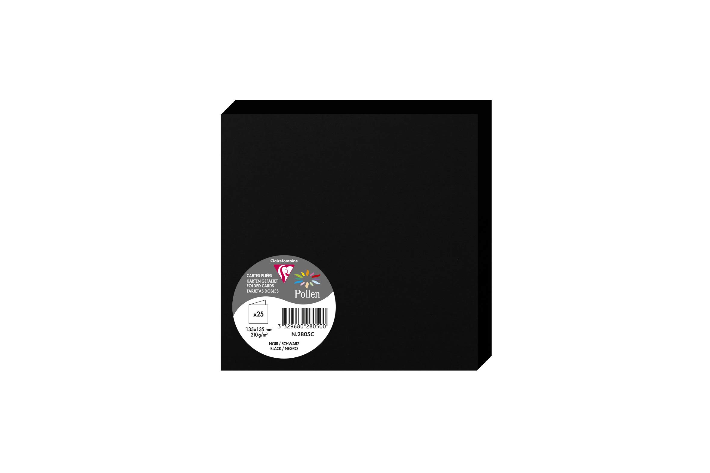Clairefontaine 2805C Pack of 25 Double Cards Square Format 13.5x13.5cm 210g/m² Black Invitation and Correspondence Cards Pollen Range Premium Smooth Paper