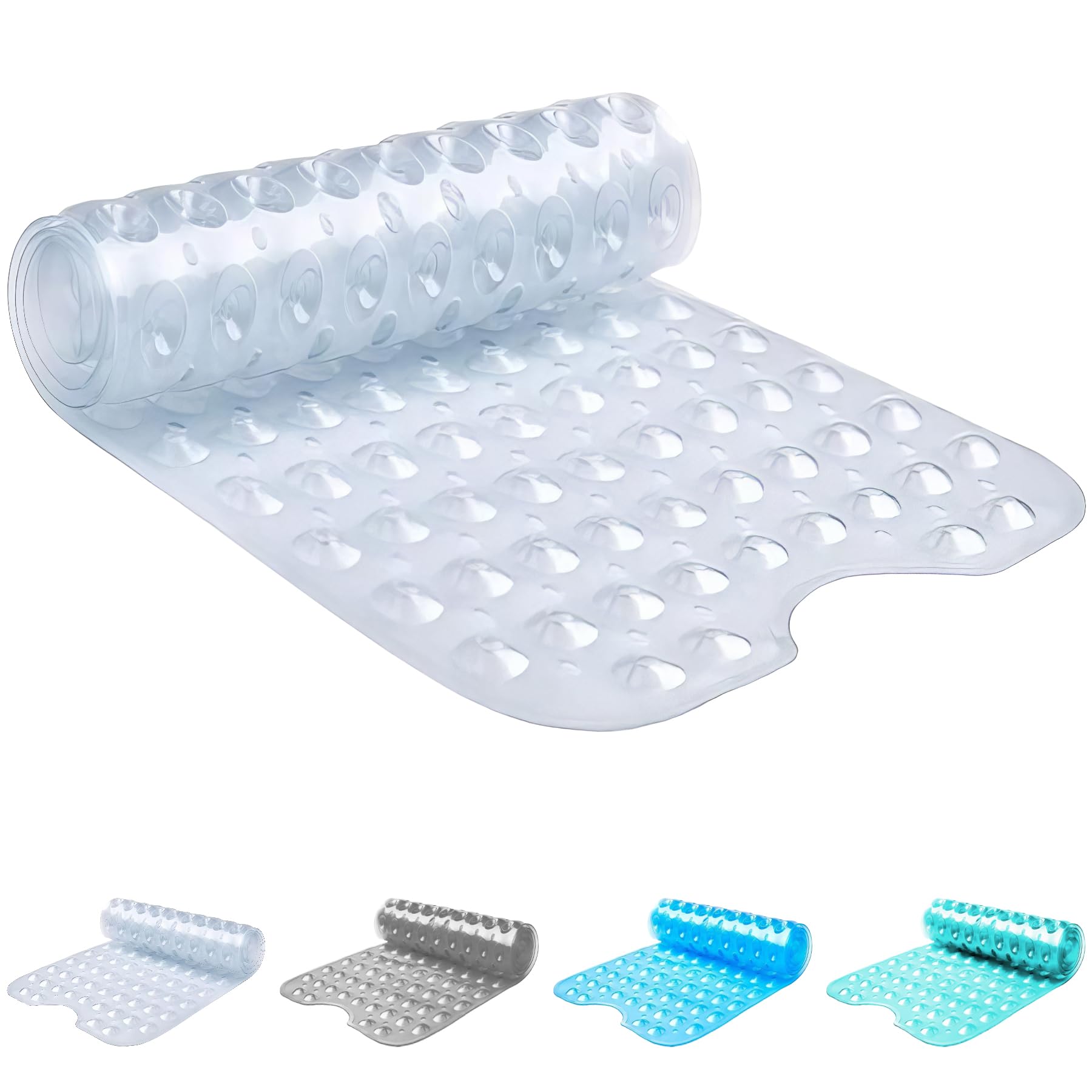ADOV Shower Mat, Extra Long Non Slip Bath Mat Antibacterial Rubber 100x40 cm, Anti Mould Machine Washable Safety Bathroom Mat with Anti-Slip 200 Strong Suction Cups Griping, Drain Holes (Clear)