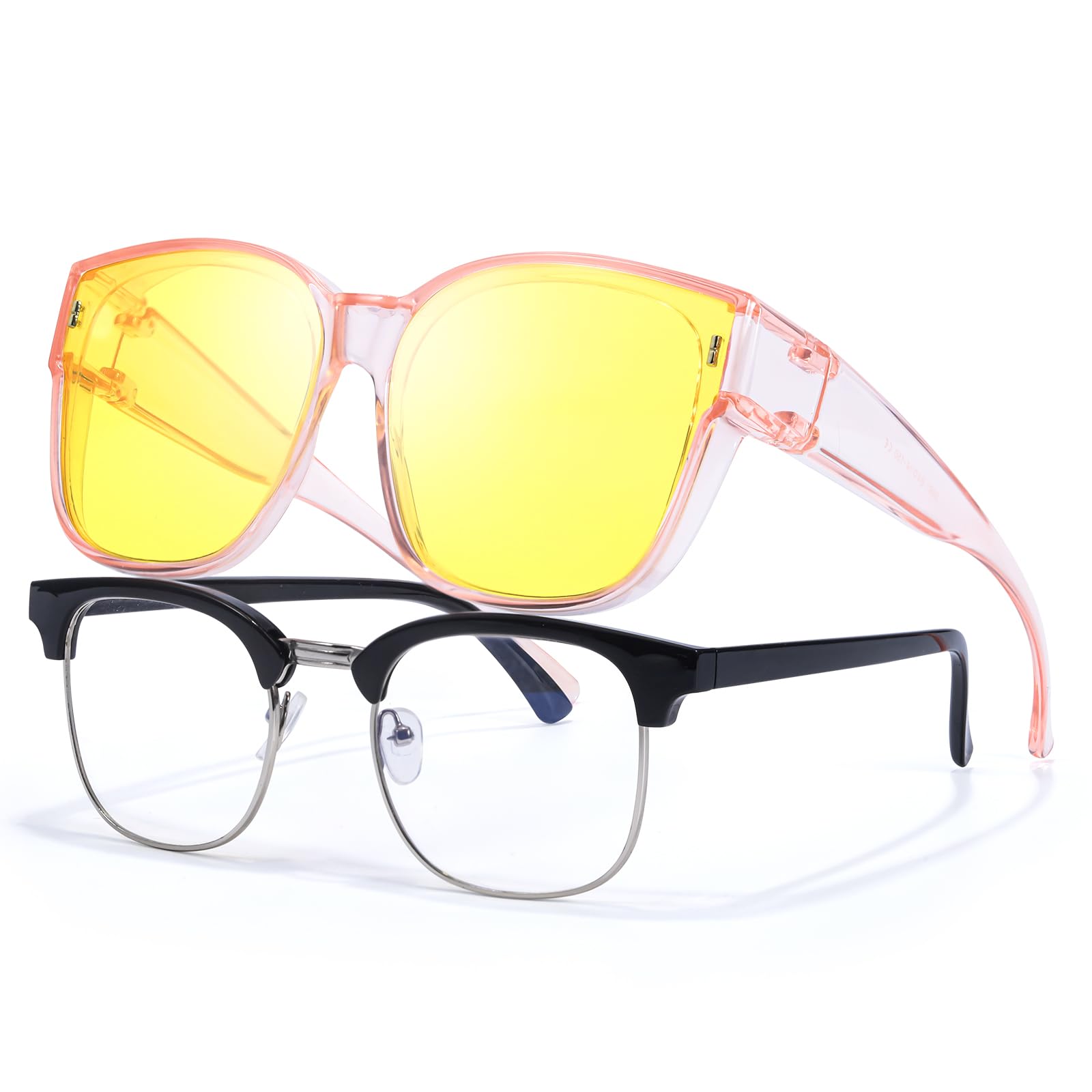 LVIOE Night Driving Fit Over Glasses Polarised Trendy Modern Yellow Tinted Lens Anti-Glare for Night Vision Headlight Glasses