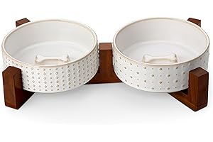 MALACASA Dog Bowl Set with Walnut Wood Stand, 1.5 Cups Ceramic Pet Bowls for Puppy Dogs, Dual Food and Water Bowls with Weighted Non-Slip Base, Basic Bowls for Your Dog or Cat, Rhombic & Polka Dots