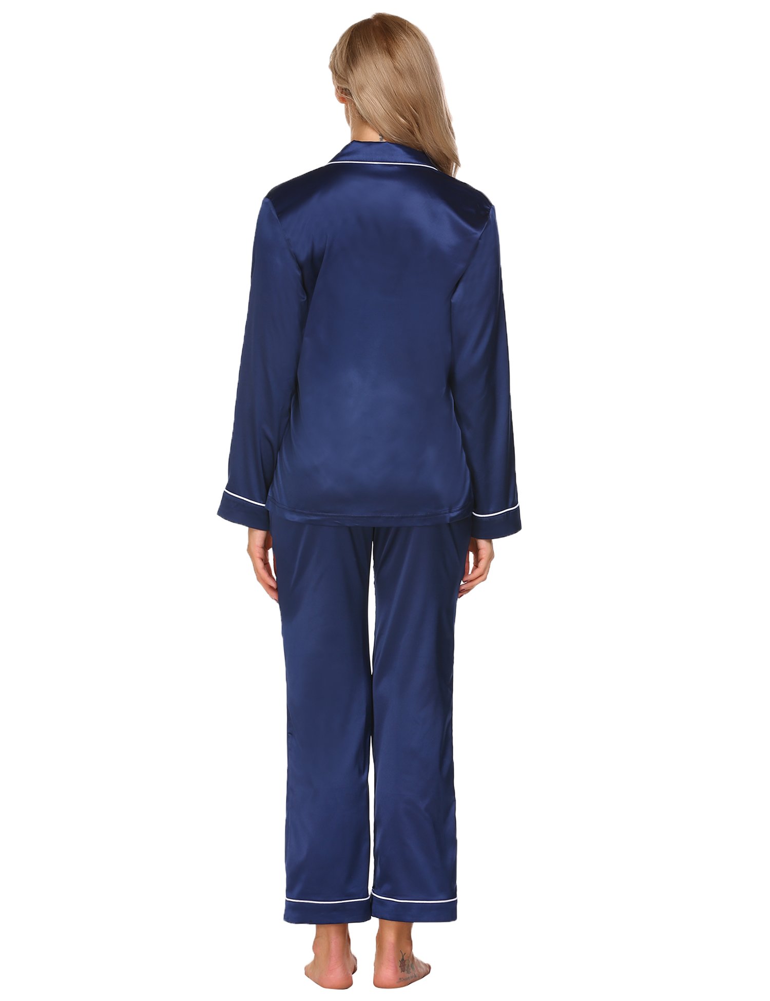 Womens Long Sleeve Sleepwear Satin Pajama Set V Neck Top Elastic Waist Long Pants Button-Down Loungewear