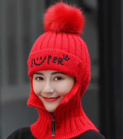 Amazon Lyfフード付き麦わら帽子 女性の暖かい冬ニットウール帽子 野生の防風冬帽子赤 ニット 通販