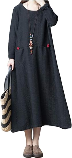 Bscool長袖 ワンピース 秋 綿 麻 無地 ひざ丈 ワンピース カジュアル クルーネック ゆる ワンピース大きいサイズ 黒 レッド ワンピース チュニック 通販 Amazon