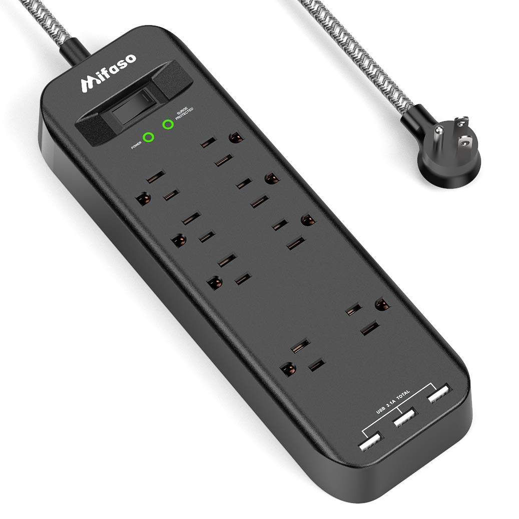 Mifaso 2700Joules Power Strip with 8 Outlets, 3 USB Ports, Braided Extension Cord, Overload Protection, UL Approved