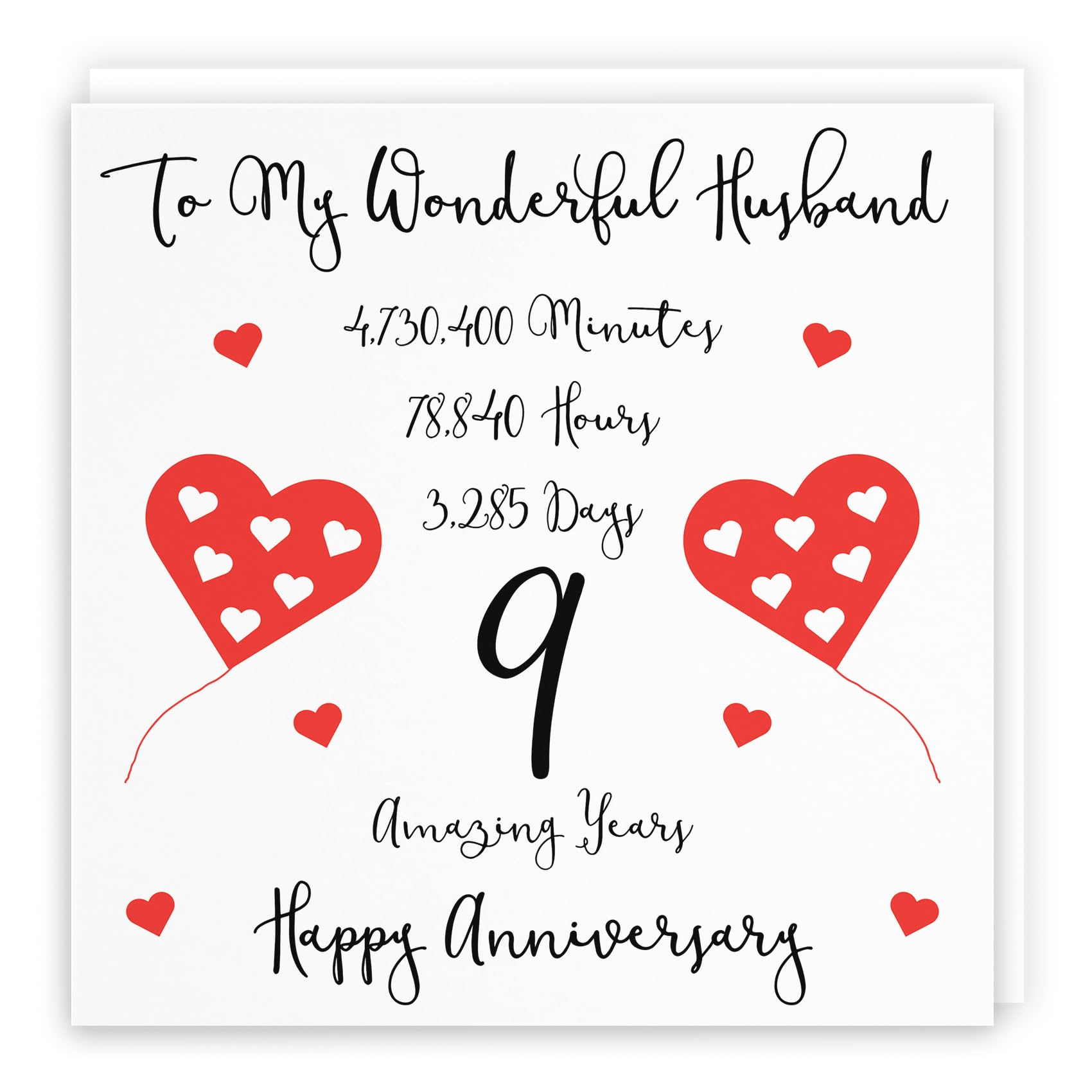 Hunts England - Large Romantic Husband 9th Wedding Anniversary Card - To My Wonderful Husband - 9 Amazing Years - Timeless Collection - Large - 210 x 210 mm