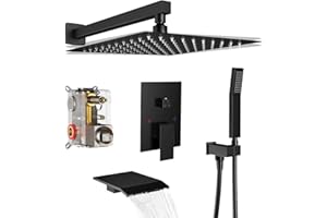 DLVSOBY Rain Shower System 12 inch Shower Faucet Set with Tub Spout,Bathroom Wall Mounted Waterfall Shower Head Faucet Sets Complete with Handheld Spray,Rough-in Valve Body and Trim kit,Matte Black