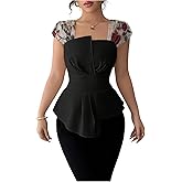 WDIRARA Women's Floral Mesh Asymmetrical Blouses Cap Sleeve Square Neck Ruched Top