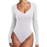 REORIA Long Sleeve Bodysuits for Women Square V Neck Going Out Top Double Lined Thong Body Suit Sexy Slimming Shirt 2025 Fall