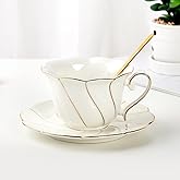 FUNLIO DUJUST Porcelain Tea Cup & Saucer Set, Luxury British Style, Golden Trim, Perfect for Living Room Decoration & Tea Party, Includes Tea Spoon