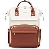 LOVEVOOK Leather Backpack for Women,17 inch Leather Laptop Backpack Women,Professional Work Backpack Nurse College Teacher Bag,Womens Laptop Tote Bag Computer Travel Backpack Purse,Beige White-Brown
