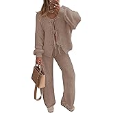 ZESICA Women's 2 Piece Outfits Lounge Pajama Sets 2026 Fall Long Sleeve Cardigans Wide Leg Pants Matching Winter Clothes