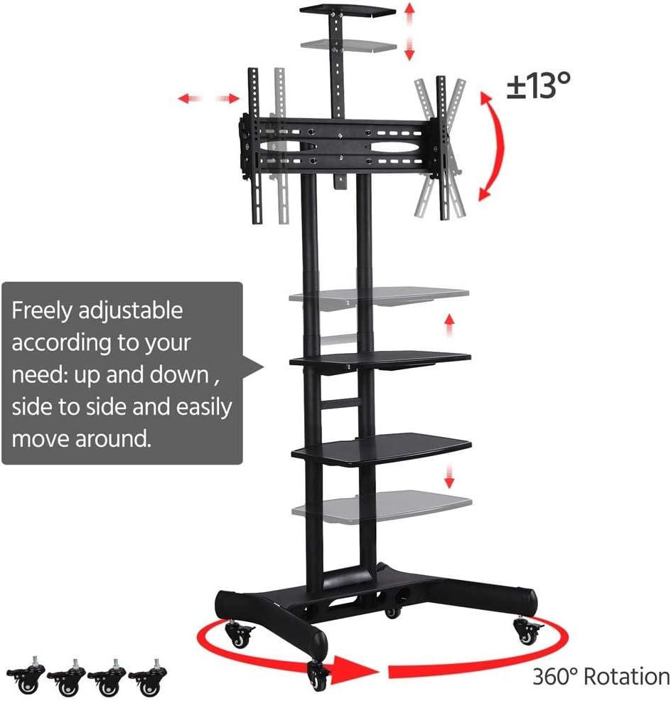 Yaheetech Adjustable Mobile TV Stand with Storage Shelves and Heavy Duty Base Stand Rolling TV Carts on Wheels for 32 to 65 inch LCD LED Plasma Flat Screen Panel up to 110 Lbs Black : Office Products