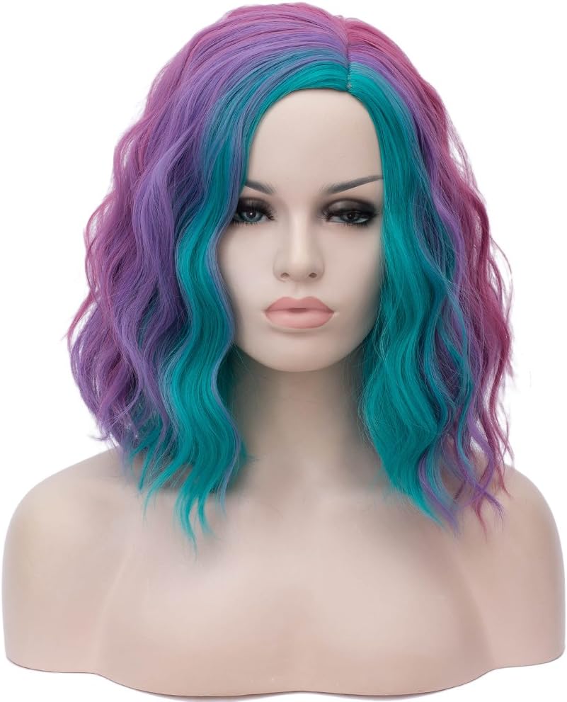 Cying Lin Short Bob Wavy Curly Wig Multi Colored Ombre Wig For Women Cosplay Halloween Wigs Heat Resistant Bob Party Wig Include Wig Cap (Multi colored)