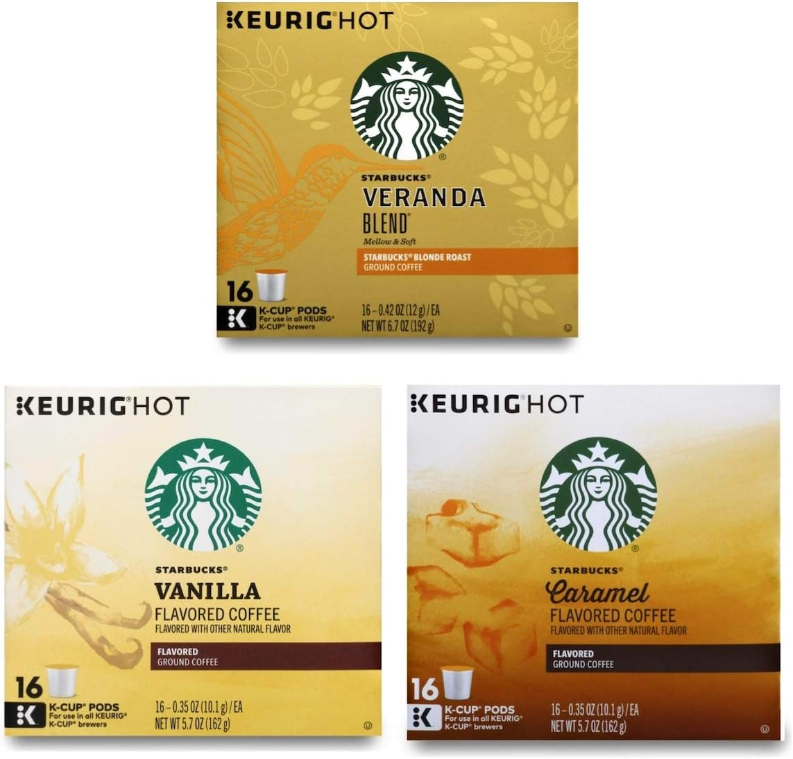 Starbucks K Cups Variety Pack of 3 Flavors - Veranda Blend, Vanilla, and Caramel - 16 K Cups Pods Per Flavor - 48 Starbucks Coffee K Cups Total - Bulk Light Roast Coffee