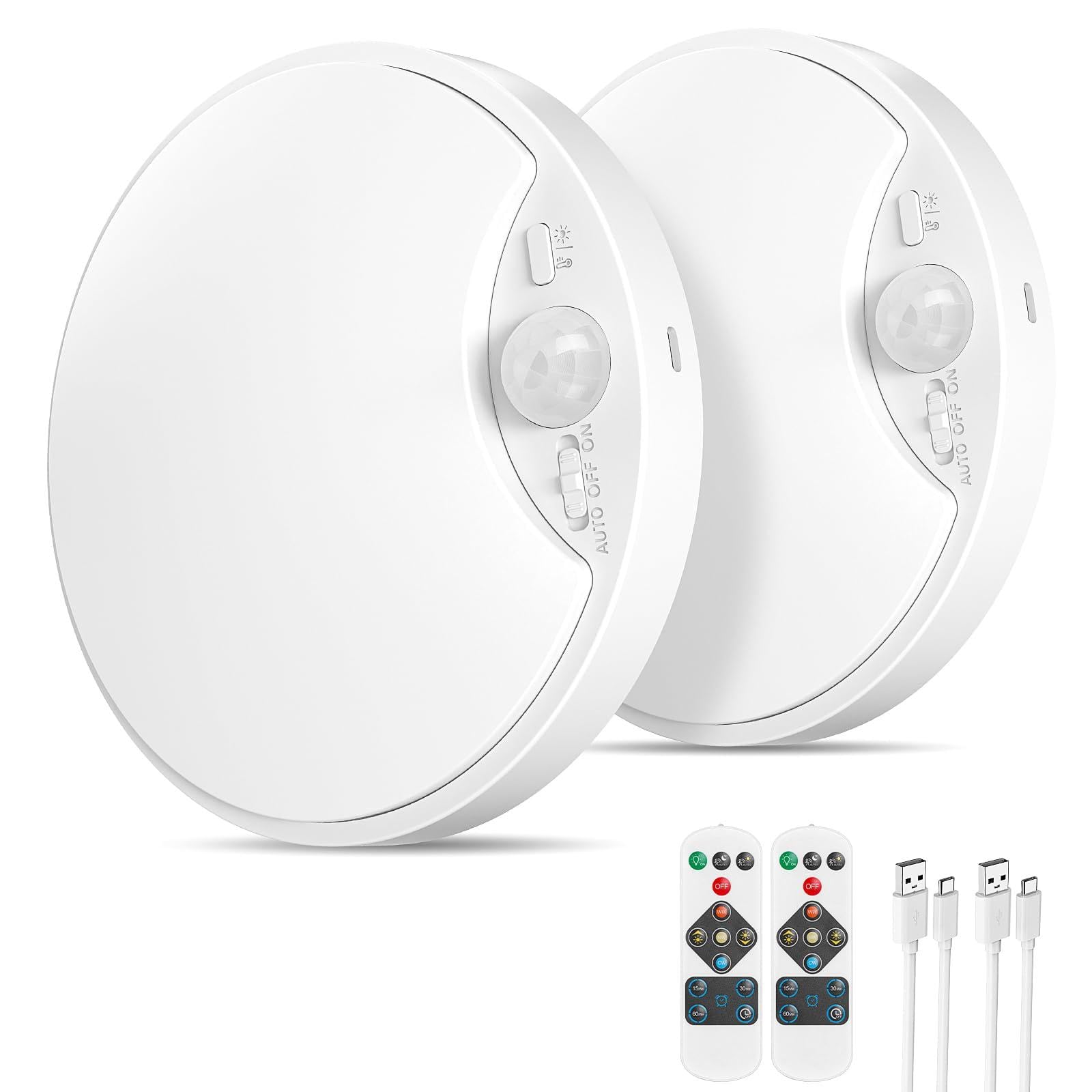 Photo 1 of **only 1**2 Pack 10000mAh Rechargeable Motion Sensor Ceiling Light with Remote, Battery Operated Closet Light No Wiring, Magnetic Wireless LED Ceiling Lights, 3 Color Overhead Lamp for Shower Pantry Hallway