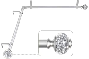 USFOOK Corner Window Curtain Rods, 32-86 Inch Center Rod for Window, 3/4 Inch Silver Decoratice Drapery Rods with Bling Finials