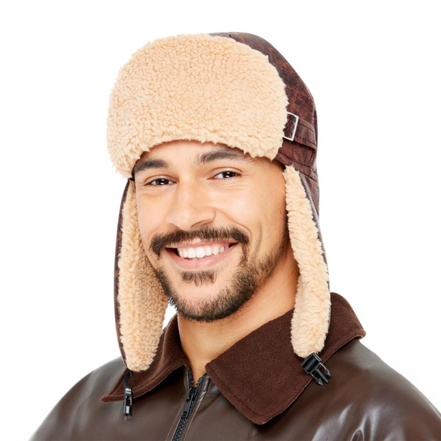 Bella Dox Vintage Aviator Pilot Hat with Realistic Fur Trim - Brown Leather Look Flying Hat for Icons & Idols Fancy Dress, Halloween & Cosplay Costumes