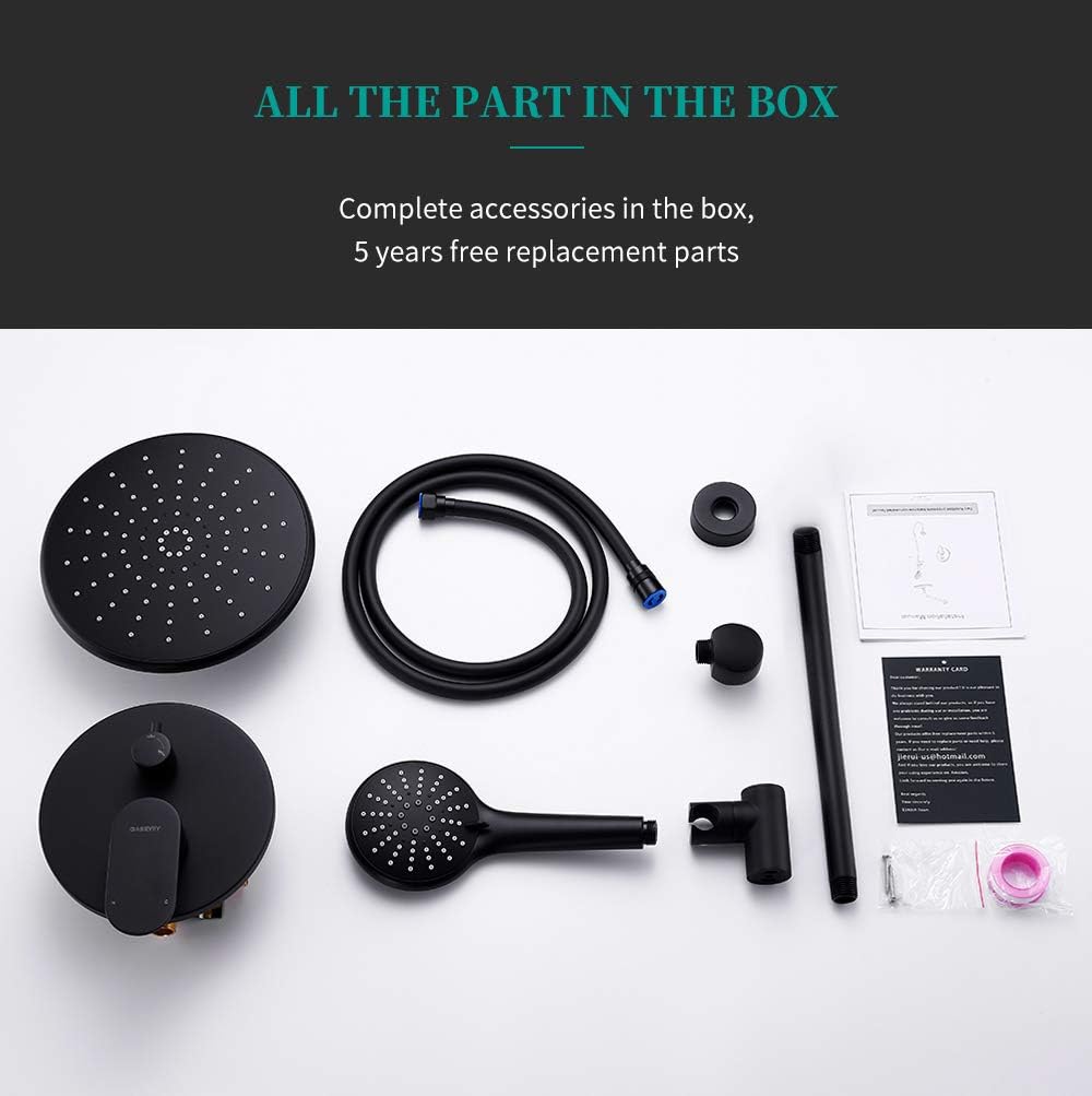 Shower System, Ceiling Shower Faucet Set for Bathroom with High Pressure 8" Rain Shower head and 3-Setting Handheld Shower Head Set, Pressure Balance Valve with Trim and Diverter, Black - - 