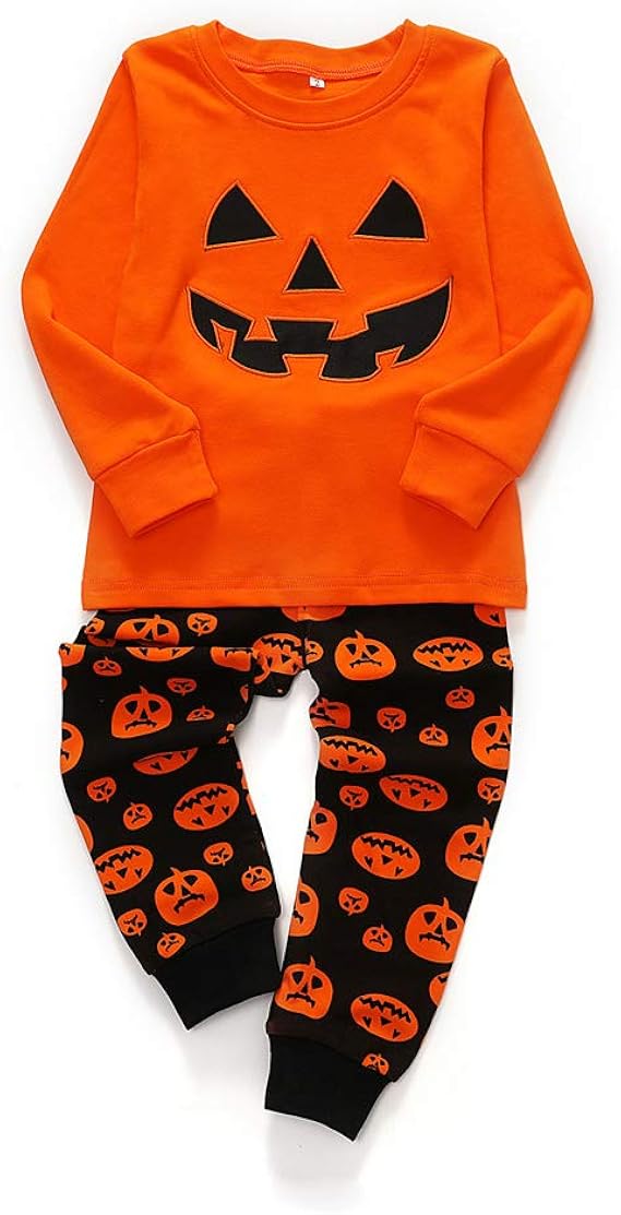 Ensemble De 2 Pyjamas Halloween Enfant - Motif Citrouille - 2 Pièces Manches Longues - Taille 2-8 Ans Environ