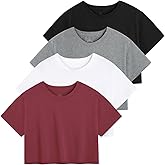 Xelky Womens Crop Casual Tops Tshirt Cotton Loose Workout Short Sleeve Round Neck Tee Yoga Running Shirts 4 Pack