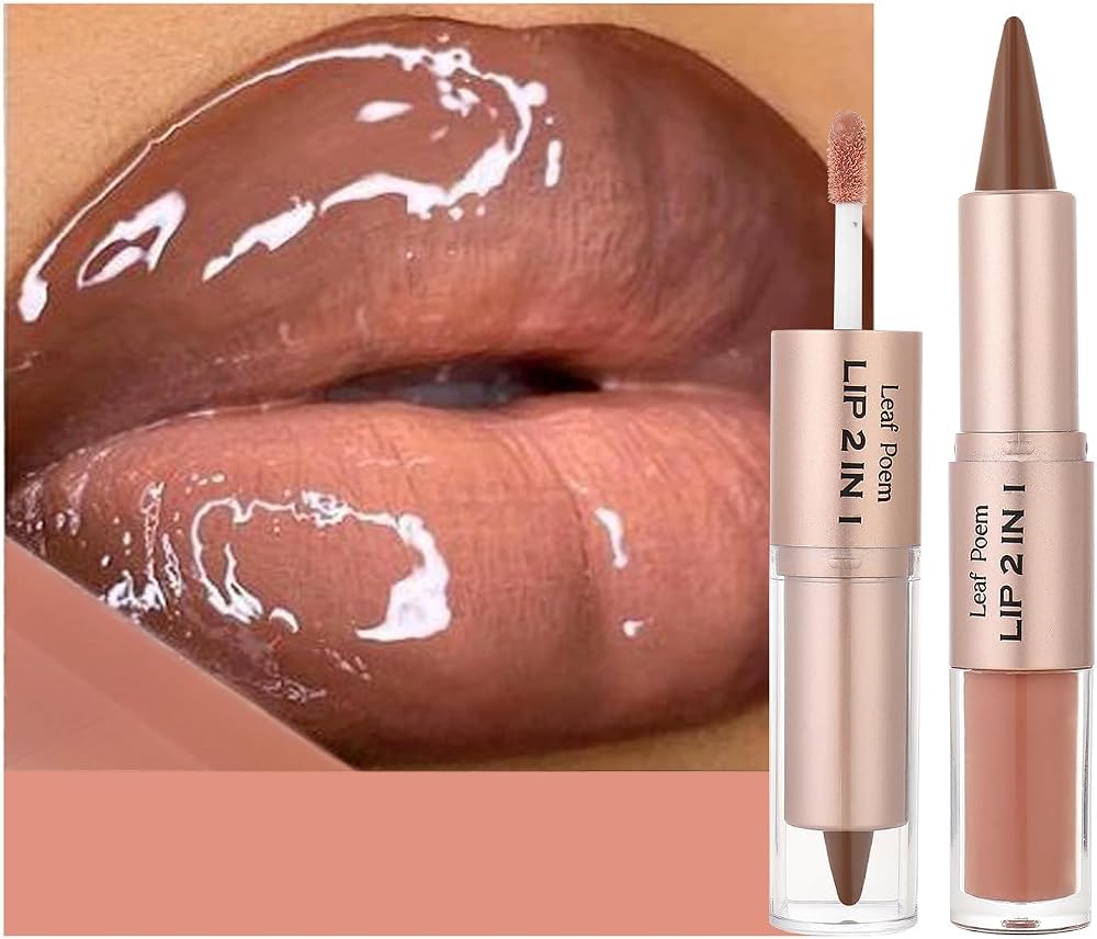 BAISEN DIARY 2-in-1 Double-Ended Matte Lip Liner & Lip Gloss Duo, Caramel Brown Nude Ombre Lip Combo Pencil, Lip Liner and Li