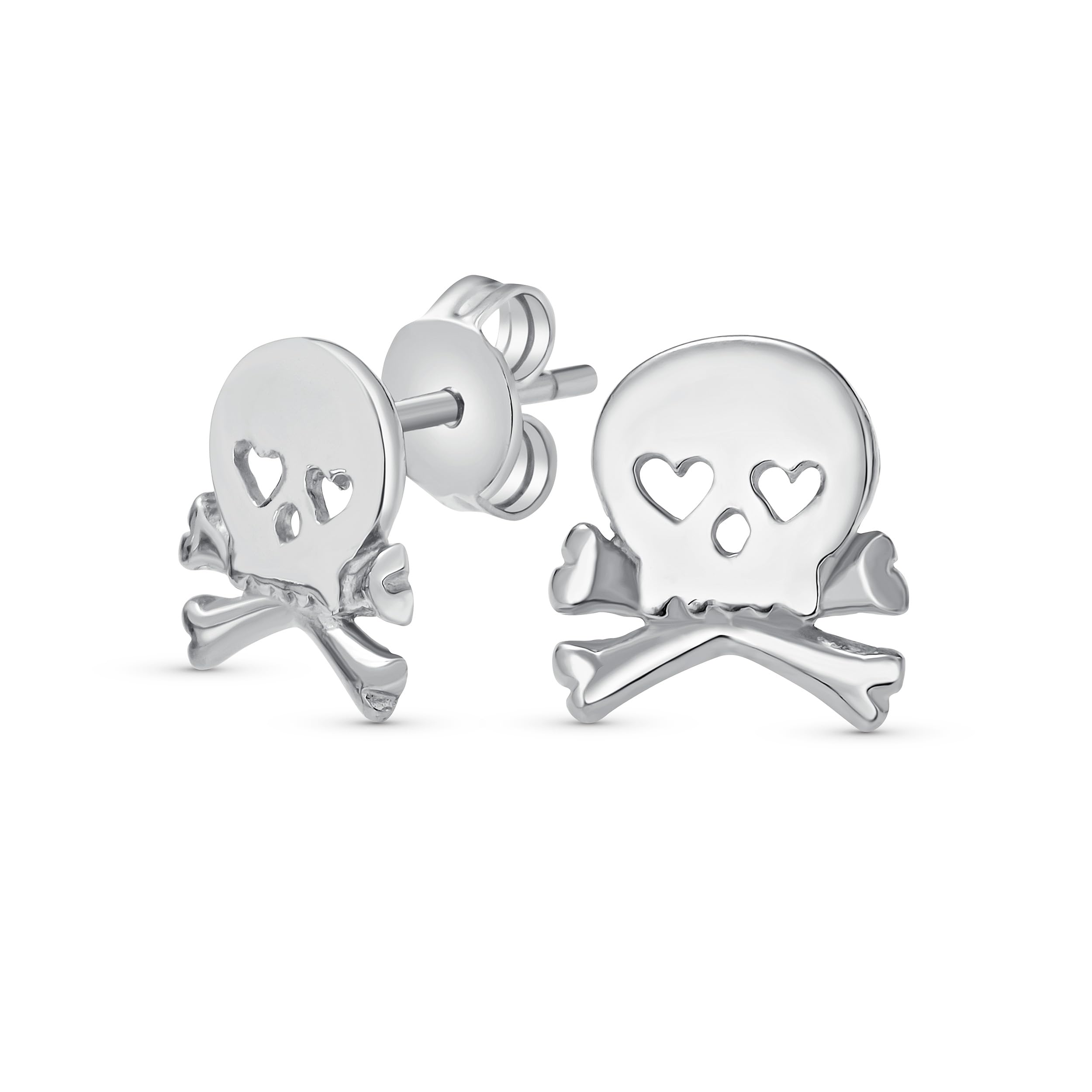 Whimsical Sweet Small Heart Eyes Caribbean Pirate Skull & Crossbones Stud Earrings For Women Teen .925 Sterling Silver — image 1
